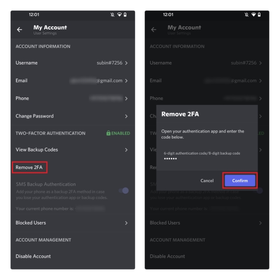remove Discord Two-Factor Authentication mobile