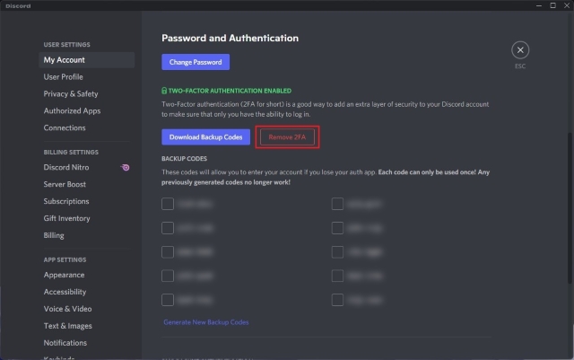 remove 2fa on discord