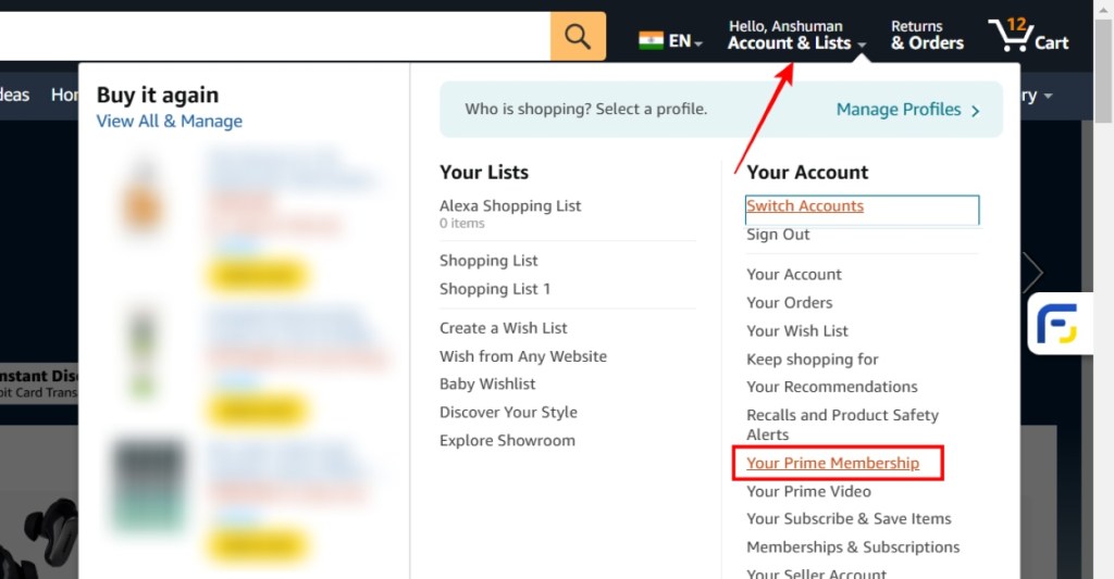 select membership and subscription in amazon account settings