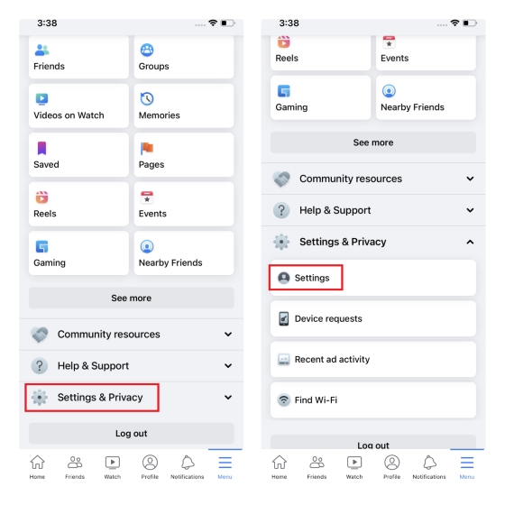 settings and privacy fb ios