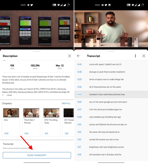 mostrar transcripción en la aplicación de Android de YouTube