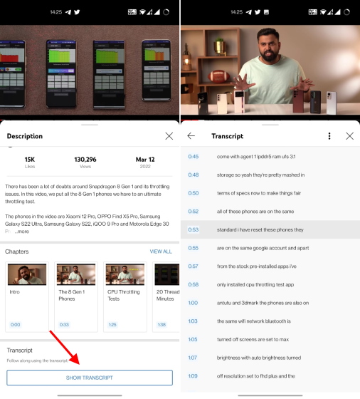 show transcript in youtube android app