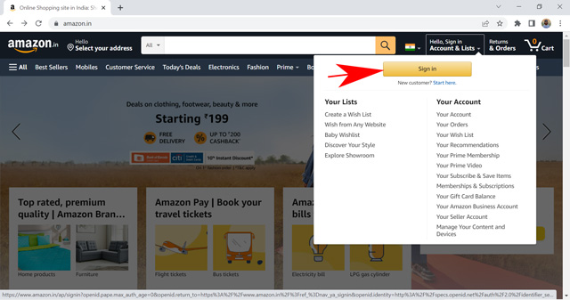 sign in button on Amazon Prime account
