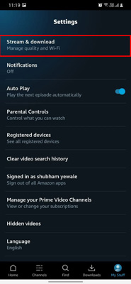 Prime Video android app settings page