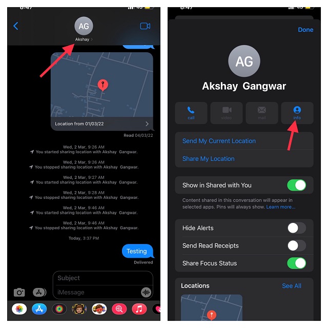 type the name of the person and tap info