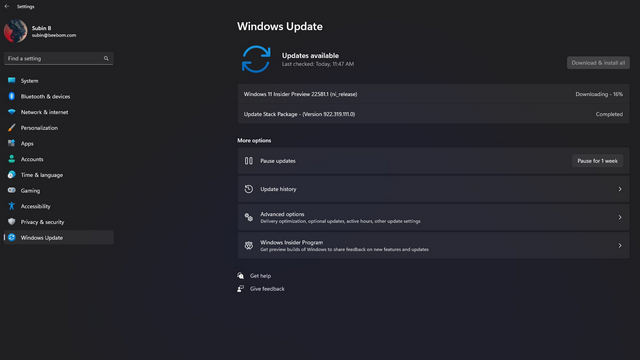 التحديث إلى Windows 11 Insider Preview Build 22581