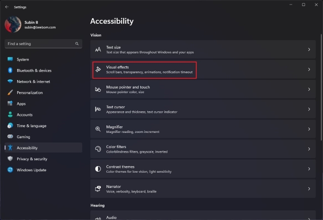 visual effects accessibility settings