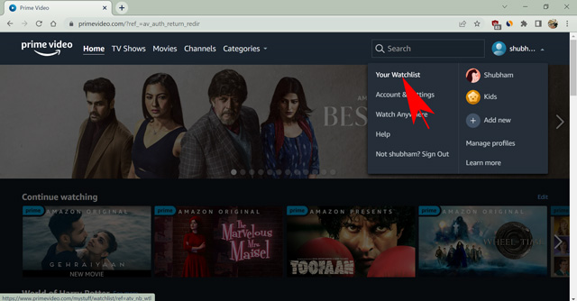 open watchlist on prime video website