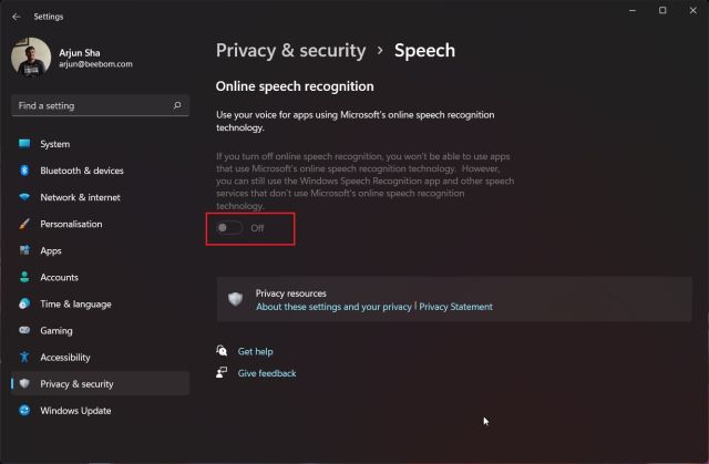 2. Turn Off Online Speech Recognition