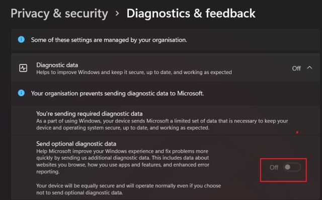 3. Disable Sending Of Diagnostic Data