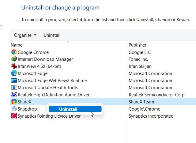 Uninstall Apps on Windows 11 From Control Panel