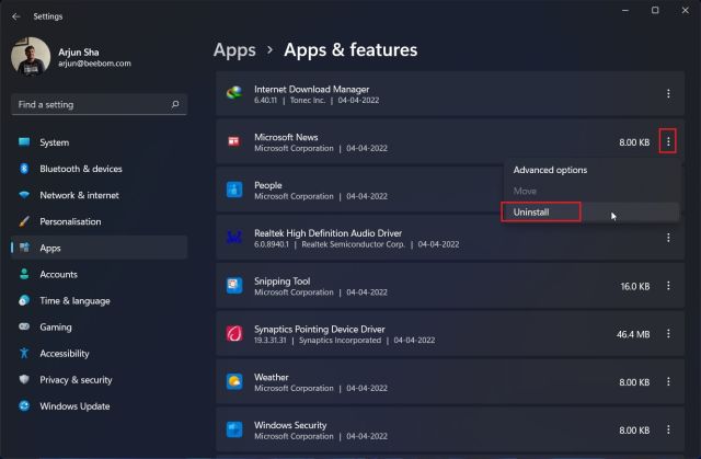 Uninstall Programs on Windows 11 From Settings