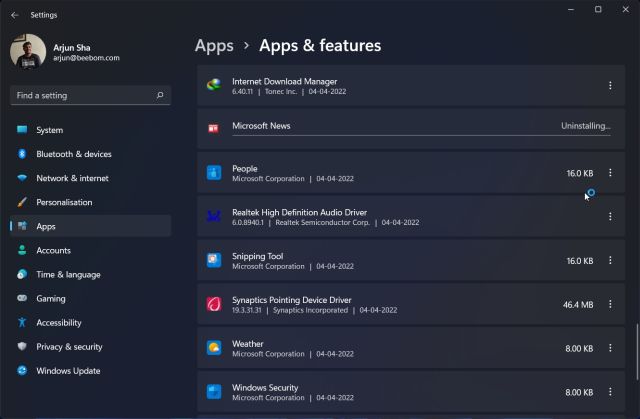 Uninstall Programs on Windows 11 From Settings