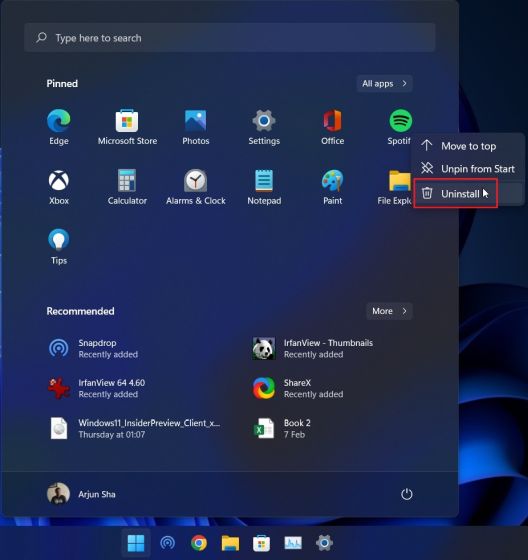 Удаление приложений в Windows 11 из меню «Пуск»