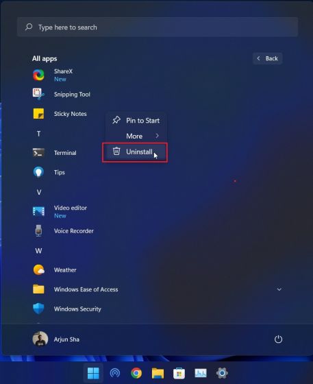 Uninstall Apps on Windows 11 From Start Menu