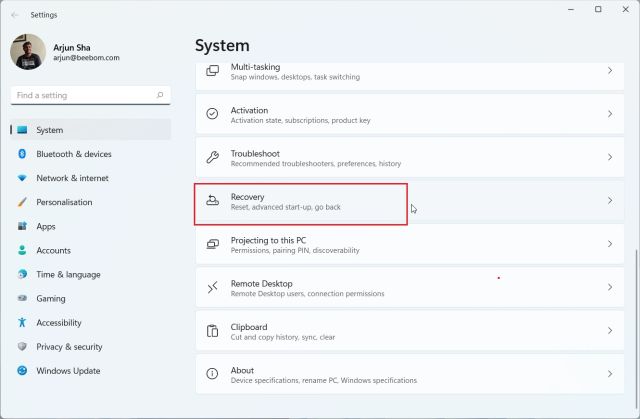 Enter the BIOS in Windows 11 From Settings