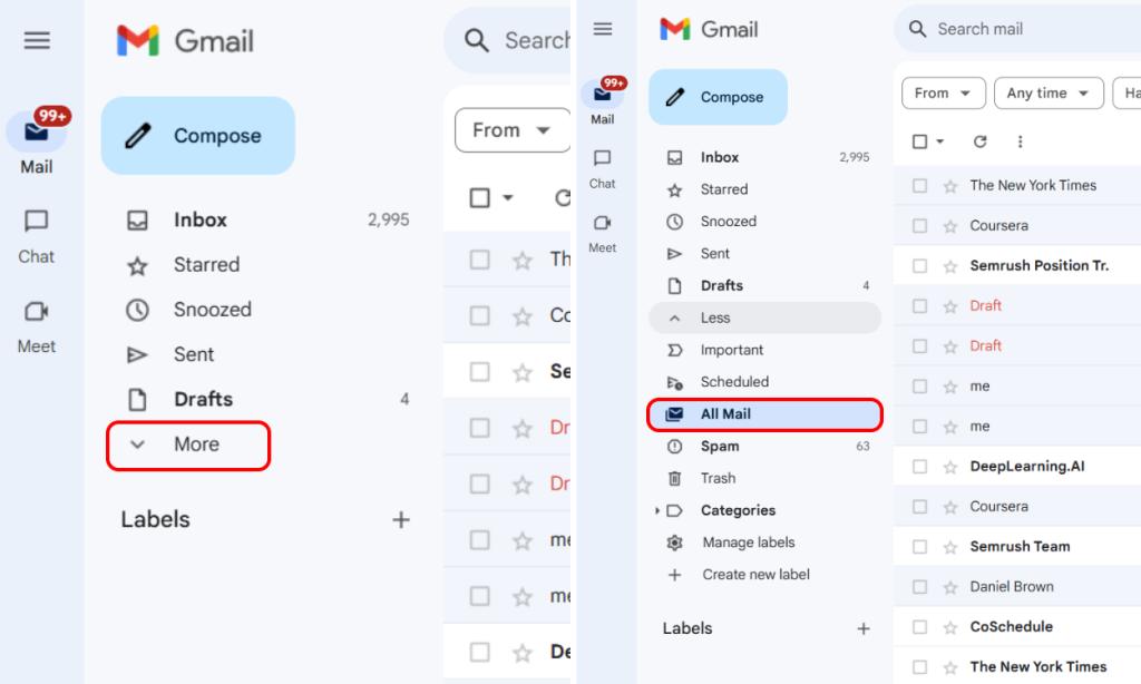 All Mail panel on Gmail