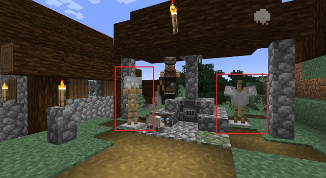 Armor berdiri di desa Taiga di Minecraft