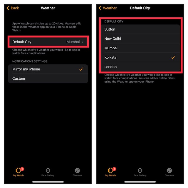 Change default city on Apple Watch