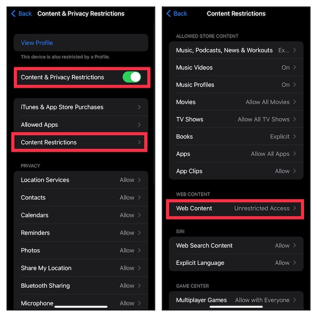 use content restrictions to get avoid and remove fake apple security alerts