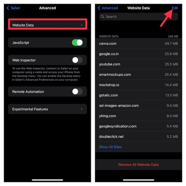 remove individual website data and cookies from Safari on iPhone