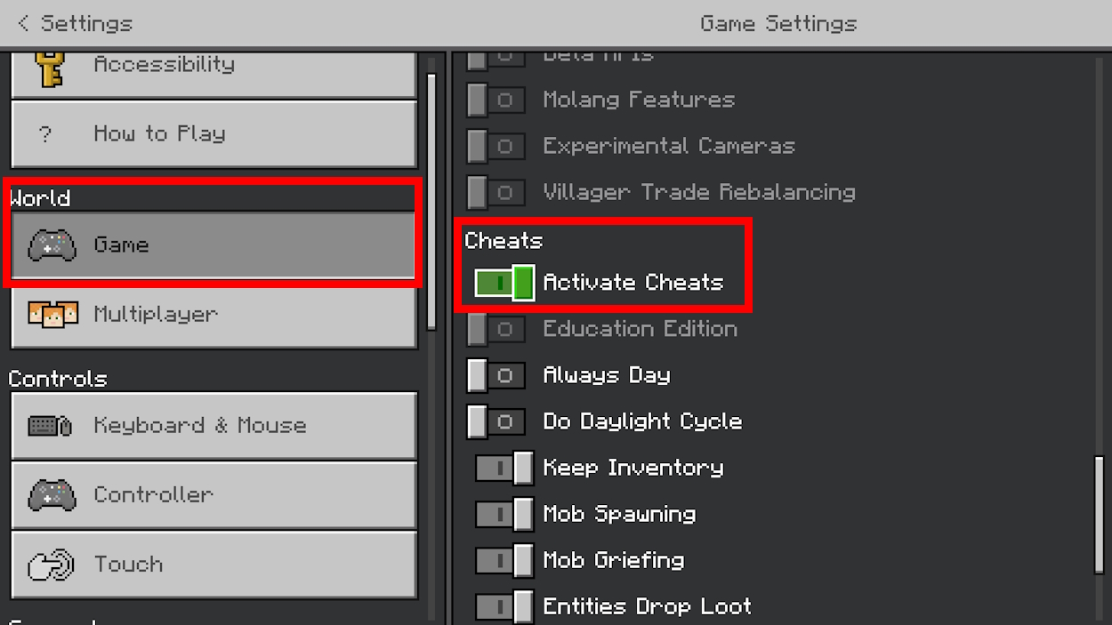 Enabling cheats in the settings menu in Bedrock edition