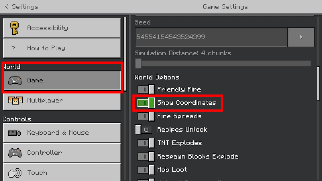 Showing coordinates in the settings menu in the Bedrock edition