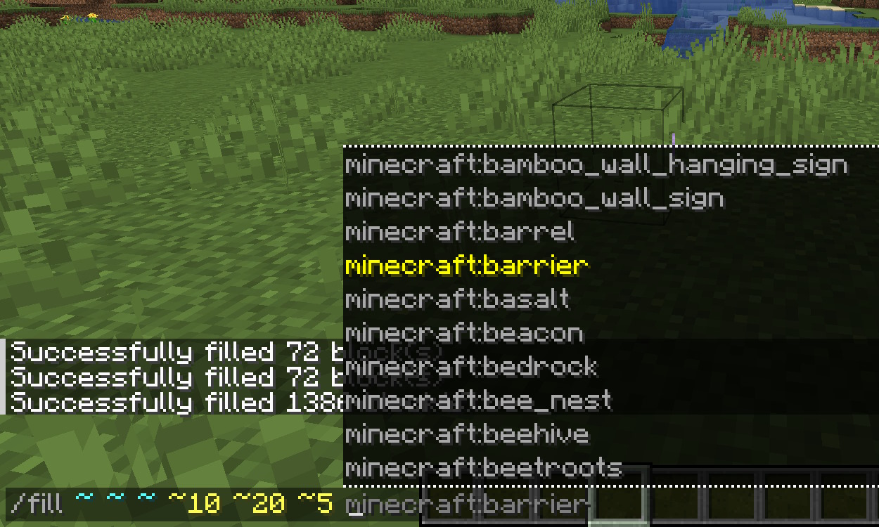Minecraft offering various blocks you can use in the fill command