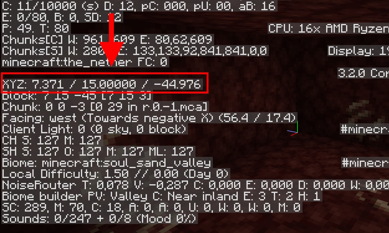 Player's f3 debug screen showing they are at Y level 15 in the Nether, perfect level for finding netherite in Minecraft