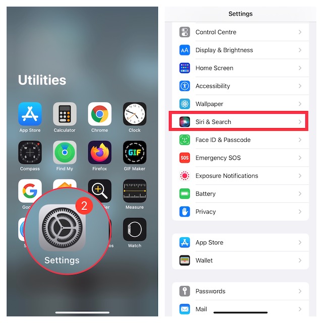 iphone settings app and siri settings within iPhone.