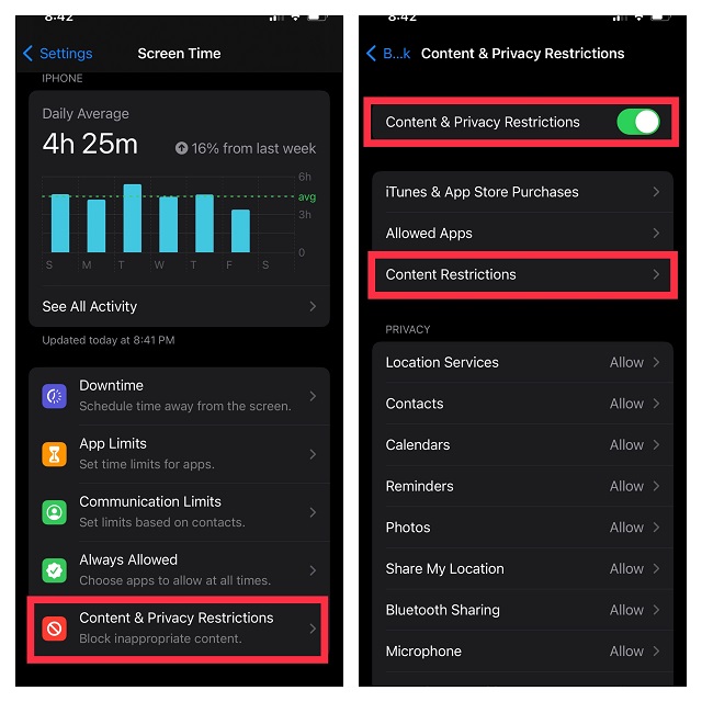 Next, tap Content & Privacy Restrictions and turn on the toggle for Content and Privacy Restrictions. After that, tap Content Restrictions