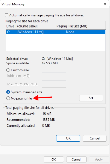 no paging file - Windows 11 lite