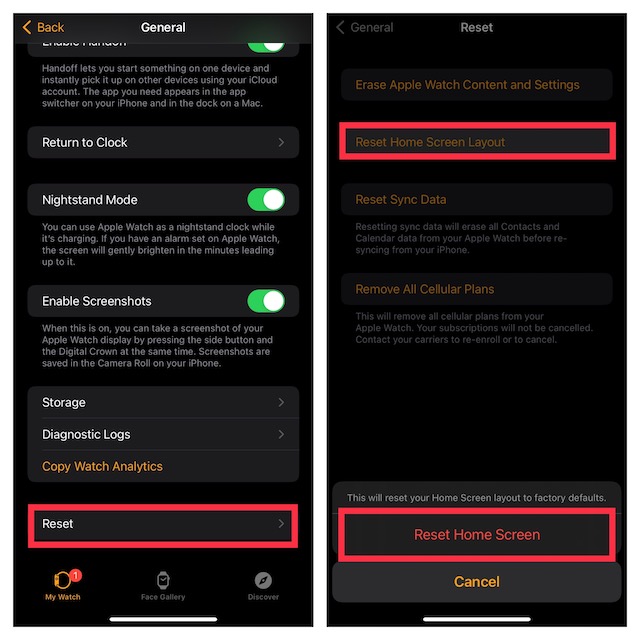 Reset Apple Watch home screen layout