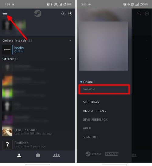 Steam Chat App on Android with invisible status