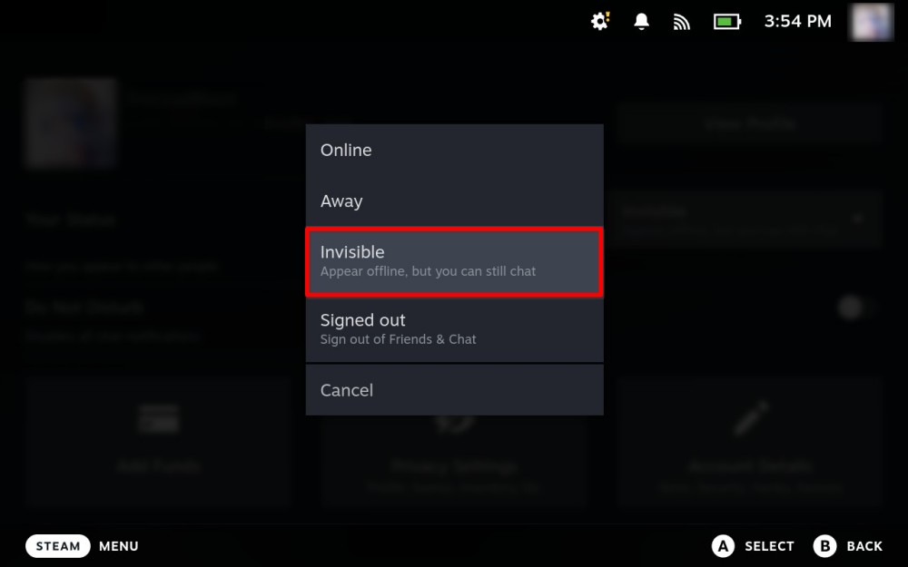 Steam Deck dropdown to change current status