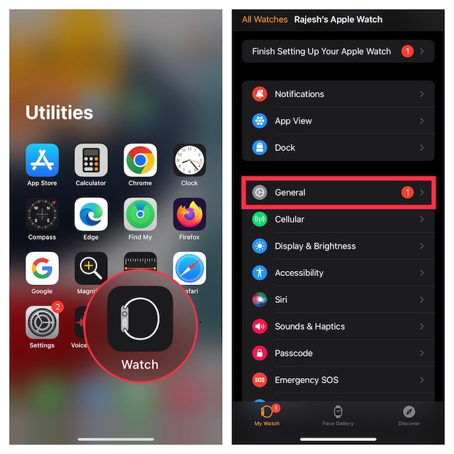 Tap General in Watch app