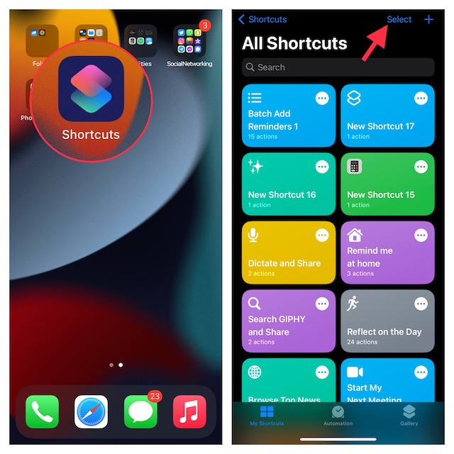 اضغط على تحديد في تطبيق Apple Shortcuts على iPhone و iPad