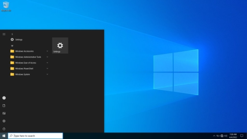 Tiny10 Start menu