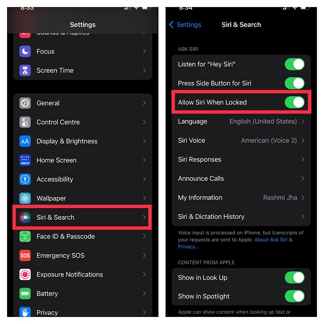 Turn on toggle Allow Siri When Locked
