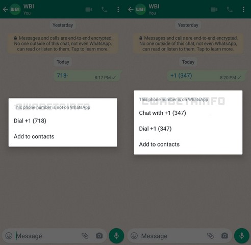 WhatsApp tests new pop-up menus for phone numbers on Android