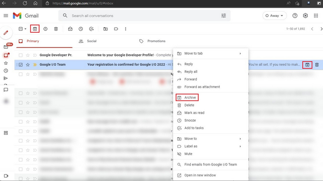 archive an email in gmail