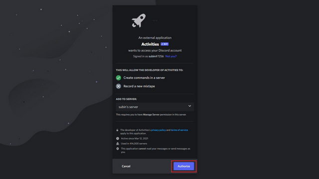 authorize activities bot to play Discord Channel Games