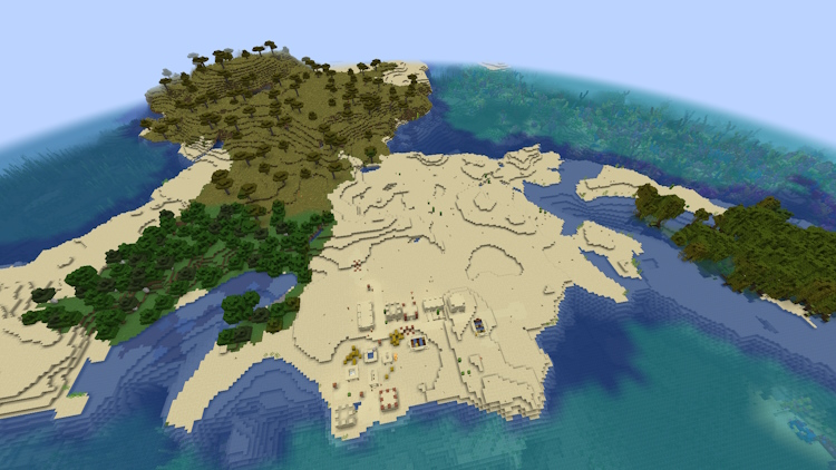 An island composed of a few different biomes including a village with a camel