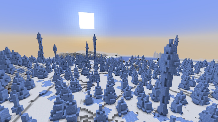 Sunrise in the ice spikes biome in Minecraft