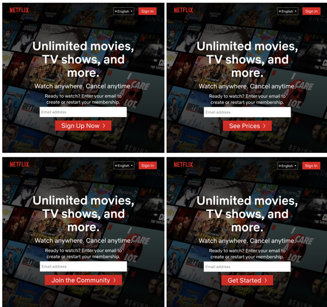 Netflix test for call-to-action button text