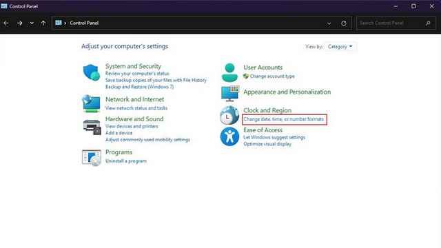 change date, time, or number formats control panel