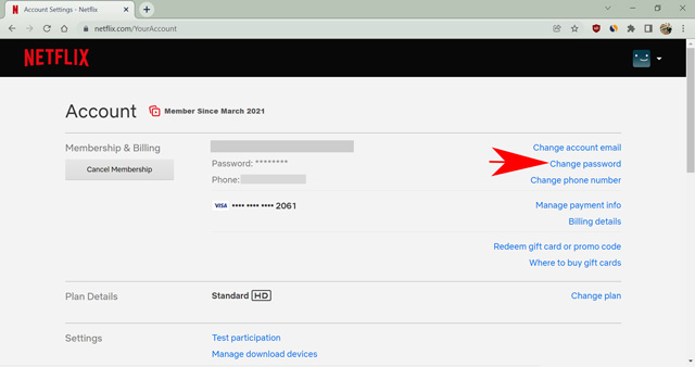 change password option on netflix