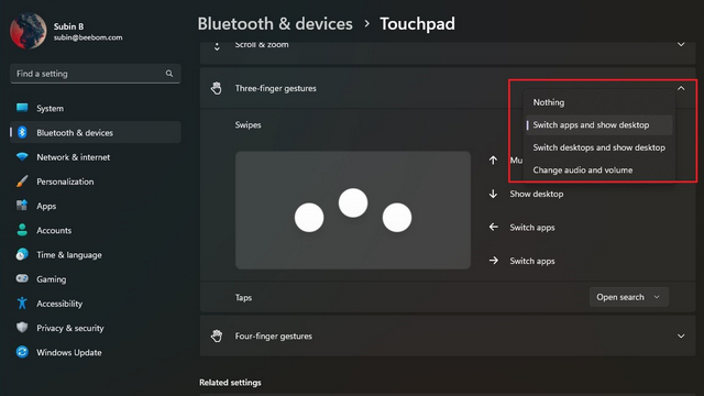 alterar a ação de deslizar do touchpad