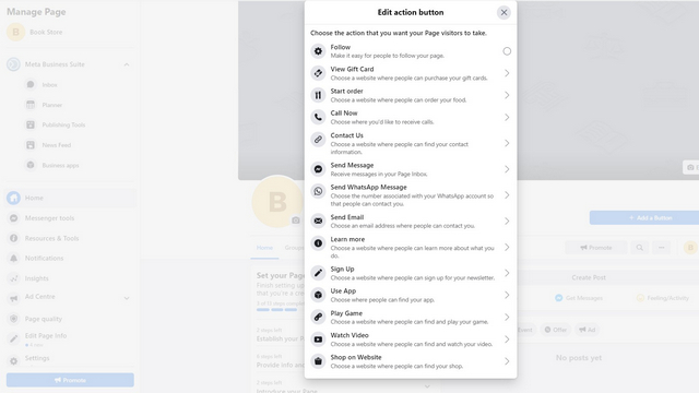 choose action button for facebook business account