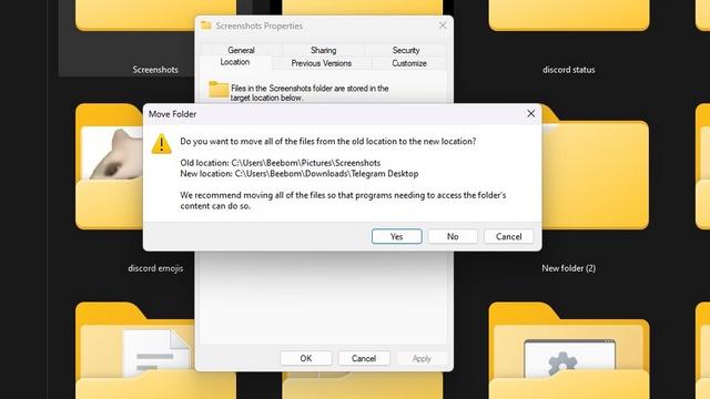 choose to move files to new default screenshot folder in windows 11
